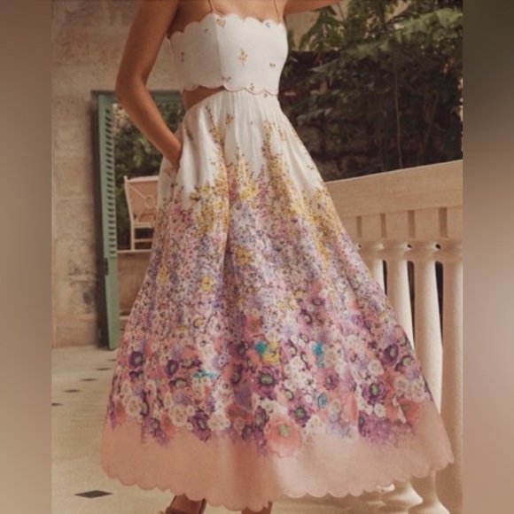 ZIMMERMANN JUDE SCALLOP MIDI DRESS IN PEACH GRADIENT FLORAL ZIMM SIZE 2 /AU 10 - Picture 8 of 14